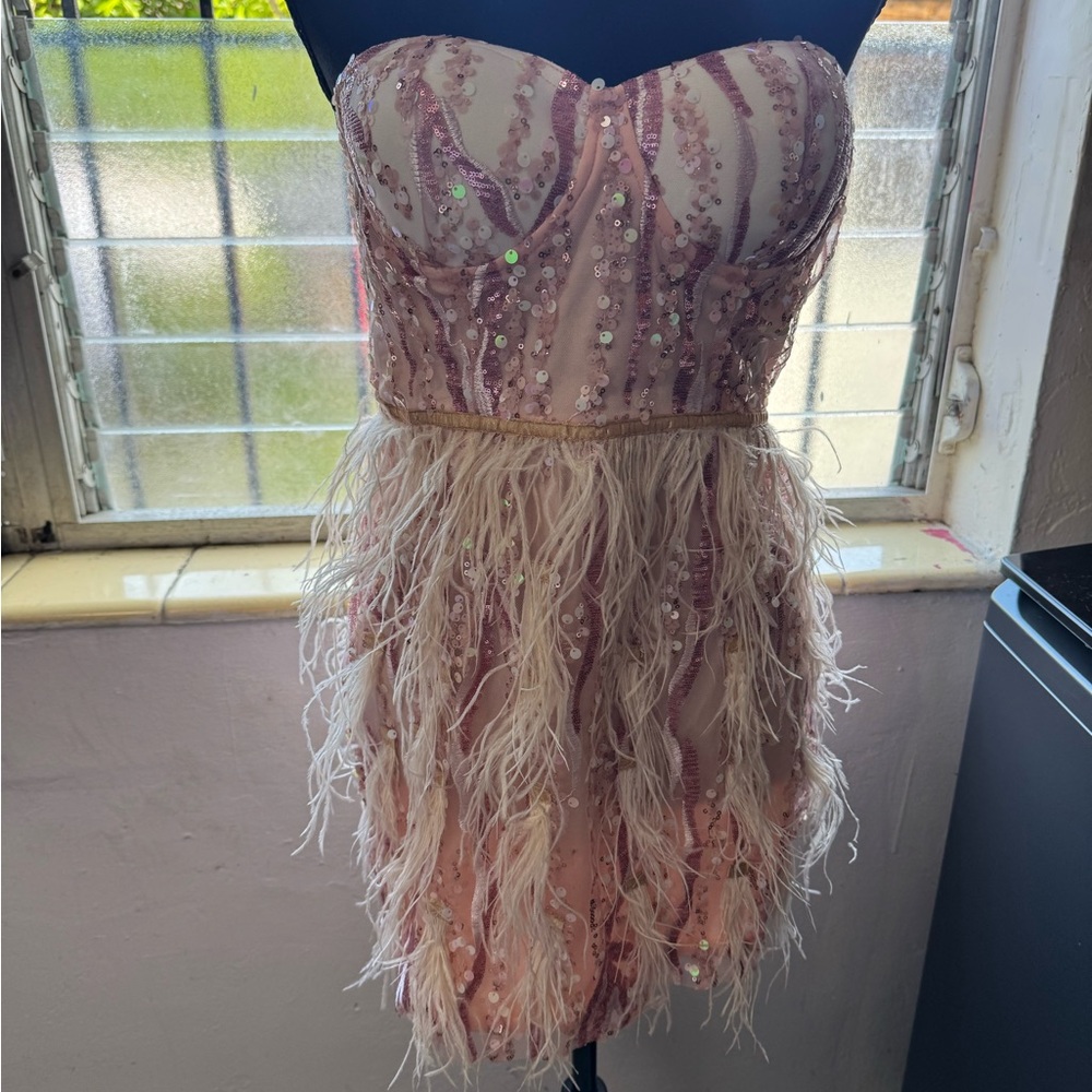 Elegant Pink Strapless Feather Dress